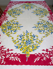 Vintage Tablecloth 1940s Floral Red, White, Yellow and Greenish Blue 55 x 72 picture