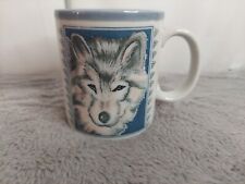 Vintage Otagiri Japan Gray Wolf Two Sided Blue Interior Coffee Mug Cup picture