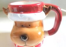 Large Christmas Coffee Mug with molded reindeer on it  Brown Red and White picture
