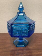 Vintage Imperial Glass Springerle Ultra Blue Pedestal Covered Compote Candy Dish picture