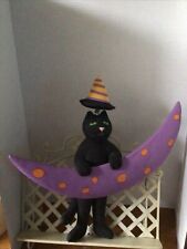 Halloween Paper Mache Black Cat Holding Purple Moon Figurine - Unbranded picture