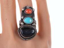 sz7 Large Vintage Native American sterling/turquoise, coral, and onyx ring picture