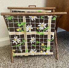 Vintage Knitting Sewing Caddy Basket Yarn Bag Folding Wood Frame White Daisies picture