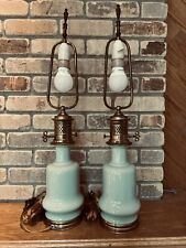 Vintage Pair Mid Century~Aqua Blue~Pottery Lamps~Brass Finials~Inverted Bulb MCM picture