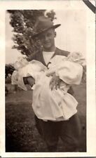 Vtg Army GI Holding Twins WWI 1900s Black White 2.5 x 4.25 Photo 1D65 picture