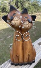 Vtg Siamese Cats Wooden Figurine Handcarved With Wire Tail Whiskers Thailand 12” picture