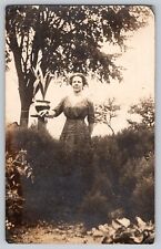 Postcard RPPC Photo Portrait Women Classic Fashion Polka Dot Dress In Garden picture
