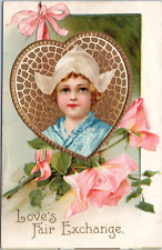 1909 Valentines Postcard- Unsigned Clapsaddle-Dutch Girl in Heart, Pink Flowers picture