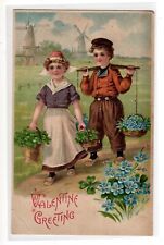Valentine Greetings Child Couple Dutch Windmill Clogs Forget Me Knots WOB (Z60A) picture