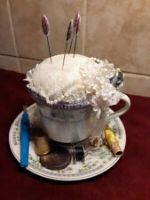 Handmade Victorian Pin Cushion In FTD Tea Cup Saucer Set~Flowers Beads Lace~Vtg. picture