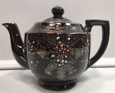 NICE Vintage Hand-painted Japan Ceramic Pottery Teapot Black with Floral Design picture