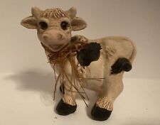 90 Vintage 4” Cow Figurine Raffia Bow Cream & Black Spots Farmhouse Cottage Core picture