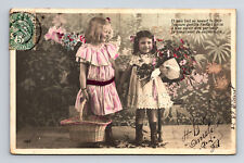 c1907 RPPC French Portrait Young Girls Flower Basket Hand Colored CLC Postcard picture