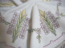 Antique Arts & Crafts Embroidered Linen Table Topper Lavender Green White 40