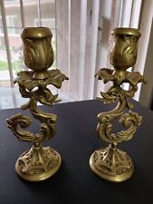 Antique 19c Brass Decorative Art Candlesticks Detailed Pair Candle Holders 1800s picture
