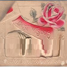 c1910s Best Wishes Embossed Rose Flowers Cloth Hand Spray Painted Crafts PC A206 picture