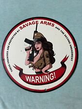 SAVAGE ARMS PORCELAIN PINUP GIRL GAS OIL AMMO FIREARM RIFLE GUN PUMP PLATE SIGN picture