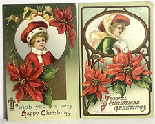 Christmas Postcard Children Young Girl Portraits Red Hats Poinsettias picture