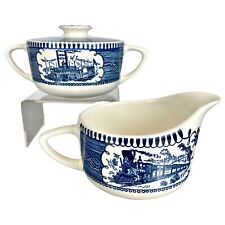Vintage CURRIER & IVES Blue by Royal ☆ Creamer and Sugar Bowl with Lid picture