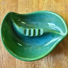 1960s Mid Century Modern Deep Green Teal Open Back Kidney Shaped Pottery Ashtray picture