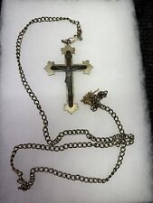 Large Silver Tone Antique Cross 4.5” By 2.7” With Wood Inlay (42” Chain) picture