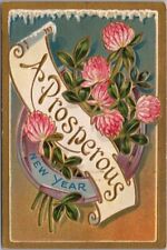 Vintage HAPPY NEW YEAR Embossed Postcard Pink Flowers 
