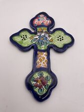 Talavera Ondas Mexican Pottery Wall Hanging Cross Handpainted 6in Blue Red Clay picture