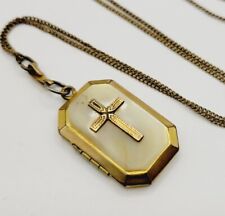 Signed 1/20 12K Vintage Gold Filled Necklace Pendant Pearlized CROSS Locket RARE picture