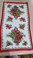 Vintage Linen Christmas Towel Red Green Bells Bows Border Perfect 26x15 picture