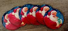 Vintage Christmas Santa Claus Coasters Tin Metal Cork Back 6 with Container EC picture