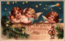 Hold To Light Postcard Christmas Cherub Angles Stars Pink Flowers HTL 1907 JB1 picture