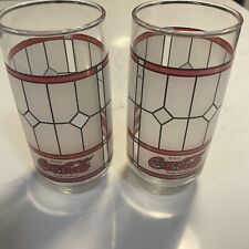 Set of 2 Coca Cola VINTAGE Tiffany Style Stained Frosted Glass Drinking Glasses picture