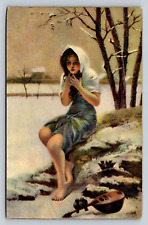 German Postcard French Painter S. Daynes-Grassot Das Heimchen Barefoot Girl Snow picture