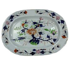 XL Early Mason's Ironstone Platter 19” x 14” Flowers Rock Blue Gold, circa 1815 picture