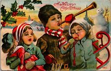Antique Christmas Postcard Victorian Children Play Town Park Sled Snowman 6601 picture