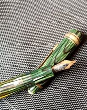 RARE MONTBLANC MASTERPIECE 142 VINTAGE CELLULOID GREEN STRIPED, F- Gold Nib 50's picture