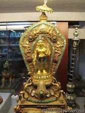 Tibet 100% Pure Bronze 24K Gold turquoise beryl Crystal Sakyamuni Buddha statue picture