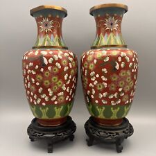 Pair Vintage Cloisonné Vases With Wood Stands 9