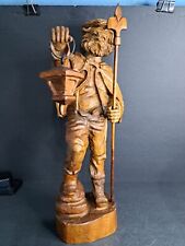 Vtg 16.5”Hand Carved Wooden Statue Bearded Man Night Guard With Lantern Staff  picture
