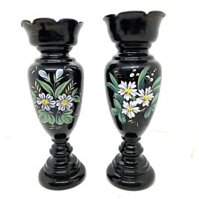 Pair Antique Bohemian Black Amethyst Hand Blown Glass Vases Enameled Bristol picture
