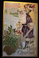 Purple Robe Santa Claus with Wheelbarrow~Toys ~Antique Christmas~Postcard~k384 picture