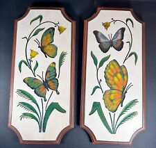 VTG MCM Pair Signed Robert Angeli Chalkware Plaques Butterflies & Floral 1971 picture