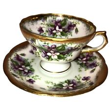 VTG PURPLE VIOLETS TEA CUP AND SAUCER HANDPAINTED GOLD PAINT OLD GOLD JAPAN picture