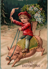 Child Riding Pig Four Leaf Clovers Antique Vintage Postcard picture