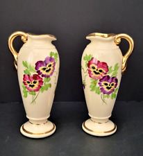 Pair of Hand Painted Porcelain Gold Trim Pansies Pitcher Bud Vases 6