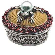 Small Metal Oval Trinket Box Frog Green Rhinestone Eyes Pearl Top Magnetic picture
