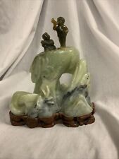 Vintage Chinese Carved Jade Landscape Boys 7”x7”x3.5” with Wood Carved Base picture