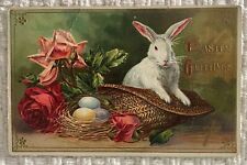 Easter Greetings White Rabbit bunny sitting in straw hat vintage postcard picture