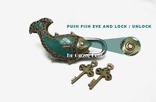 Lock Fish Brass Padlock Antique Lock Stone Work Vintage Indian Security 2 Key picture