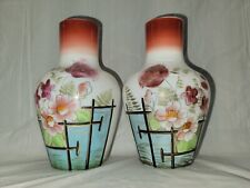 antique glass hand painted vase Pair European Asian Motif floral #4460 picture